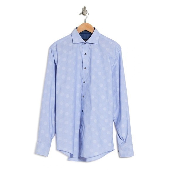 Bugatchi Dusty Blue Shaped Fit Circle Print Dress Shirt Size Large NWT - Picture 1 of 9